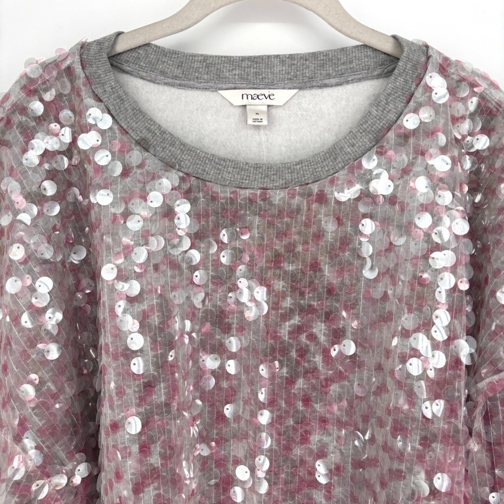 NWT‎ Maeve Sequin Sweatshirt Sz XL Gray Pink Crew Neck Fun Maximalist *Flaw - Picture 8 of 15